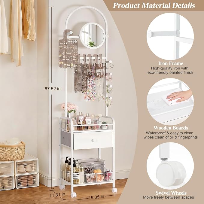 Keebofly Floor Jewelry Organizer with Adjustable Mirror, 67.52" Tall Jewelry Display Stand with 6 Acrylic Earring Necklace Pegboards, Mobile Jewelry Tower with Large Storage Drawer for Women - Image 6