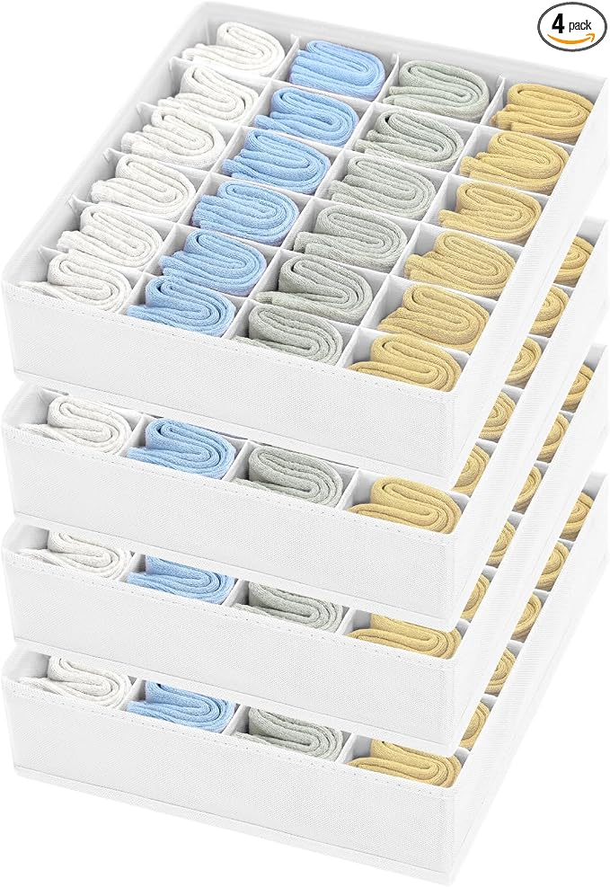 Sock Organizer 4 Pack, 24 Cell Foldable Underwear & Sock Storage, Drawer Organizer for Ties, Belts. (White) by EasortmPackingCubes