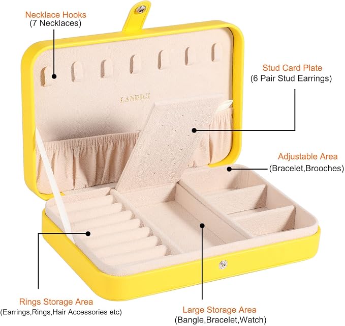 LANDICI Small Jewelry Box for Women Girls, PU Leather Travel Jewelry Organizer Case, Portable Jewellery Storage Holder Display for Ring Earrings Necklace Bracelet Bangle Watch Men Kids Gift, Yellow - Image 3