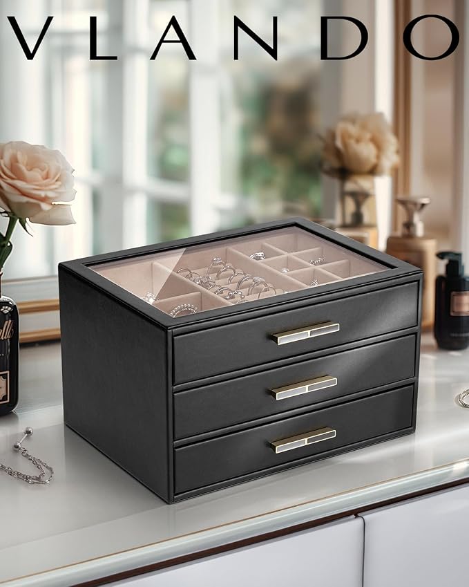 VLANDO Jewelry Box for Women, Glass Lid Jewelry Organizer with 3 Drawers for Necklaces Rings Earrings Bracelets - Black - Image 2