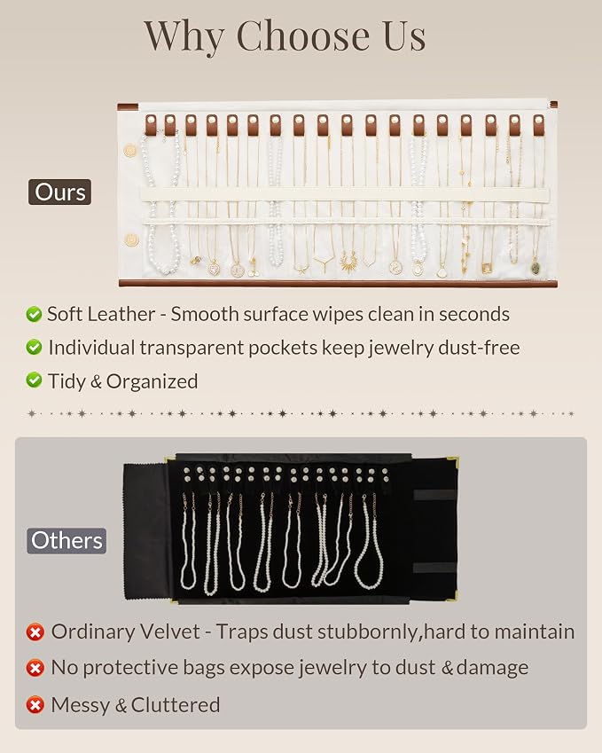 Lolalet Travel Necklace Organizer, Tangle-Free Necklace Case for Travel, Leather Foldable Roll Up Jewelry Storage Bag for Necklaces Chains Bracelets, Mothers Day Gift - Image 3