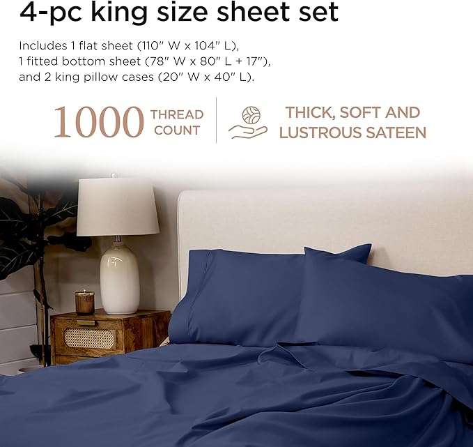 Threadmill American Supima King Size Cotton Sheets, 1000 Thread Count, 4 Piece Luxury Bed Sheets for King Mattress, 5 Star Hotel Quality Sheets with Elasticized Extra Deep Pocket, Folkstone Blue