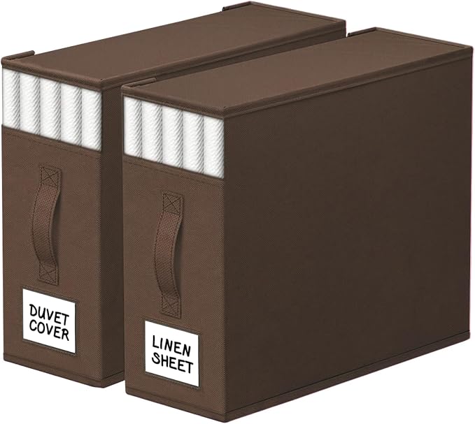 StorageTastic 2 Pack Bed Sheet Closet Organizers and Storage,Sturdy Foldable Storage Containers with Window and Label,Storage and Organization for Bedding Sheets,Duvet Covers,Blankets (Brown) by StorageTastic