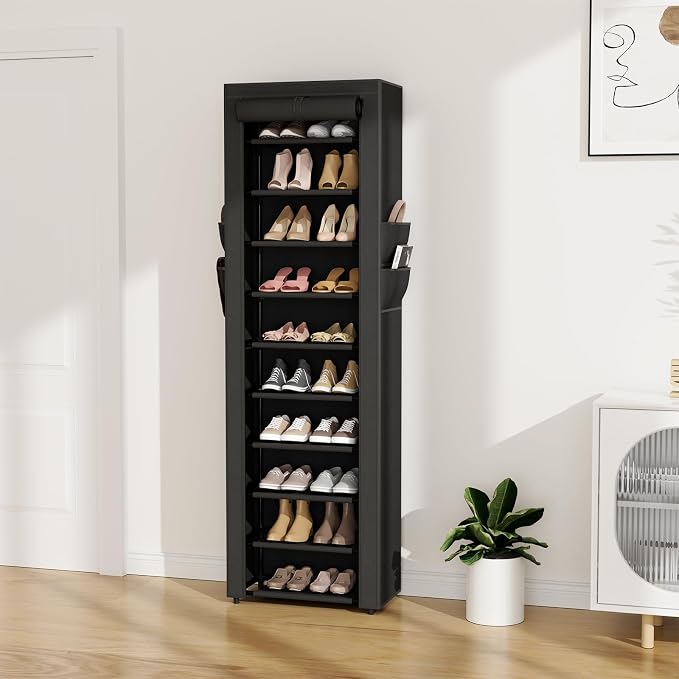 VTRIN Vertical Narrow Shoe Rack Organizer 10 Tier Tall Shoe Shelf Holds 20-22 Pairs with Non-Woven Dustproof Cover for Closet, Entryway Black - Image 2