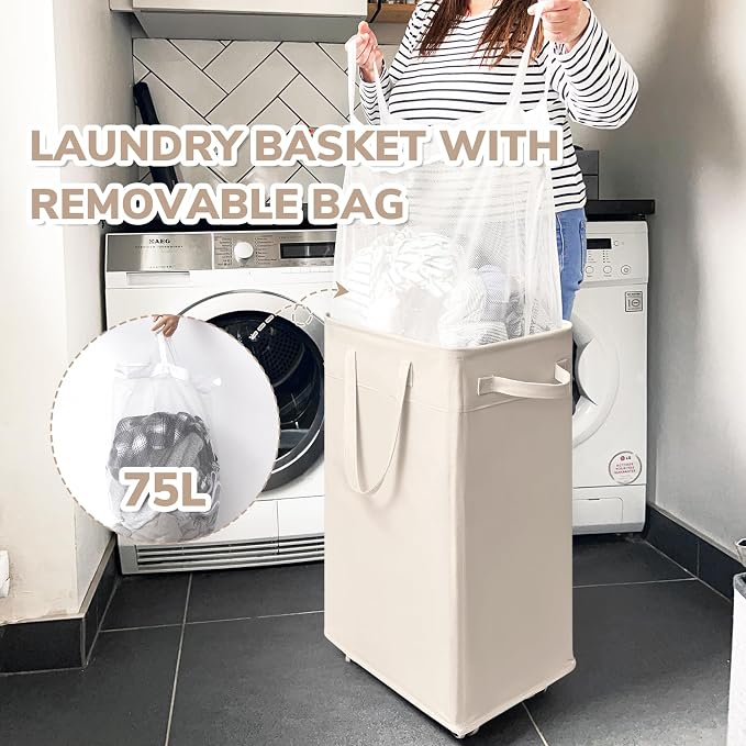 CHICVITA Collapsible Laundry Basket on Wheels 75L, Slim Laundry Hamper with Removable Wash Bag for Bedroom, Clothes Hampers for Laundry, Ivory - Image 5