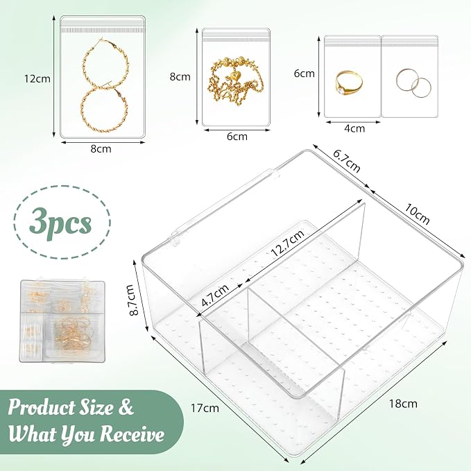 3 Pack 4-in-1 Clear Jewelry Box Organizers with 80 Portable Anti Tarnish Jewelry Bags, Acrylic Organizers and Storage for Women Girls Earrings Rings Necklaces Bracelets Holder - Image 2