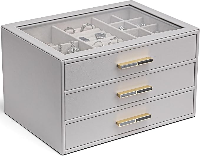 VLANDO Jewelry Box for Women, Glass Lid Jewelry Organizer with 3 Drawers for Necklaces Rings Earrings Bracelets - Grey by VLANDO