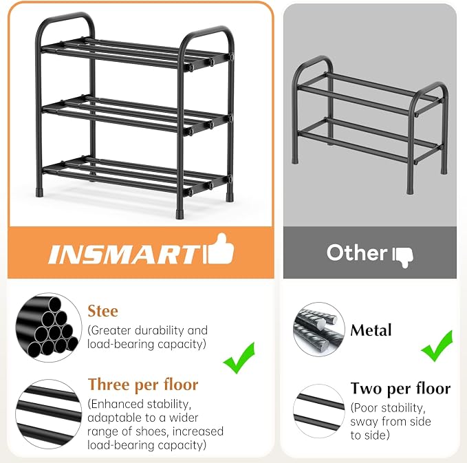 INSMART 3-Tier Expandable Shoe Rack, Stackable and Adjustable Shoes Organizer Storage Shelf, Sturdy and Durable Metal Structure Free Standing Shoe Rack for Closet Entryway Doorway - Image 4