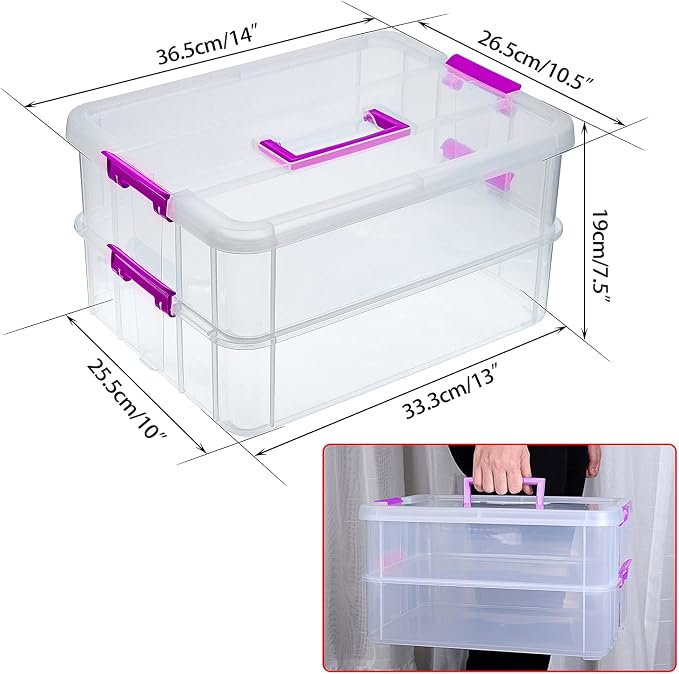 JUXYES 2-Tiers Stack Carry Storage Box With Handle, Transparent Stackable Storage Bin With Handle Lid Latching Storage Container for School & Office Supplies - Image 2