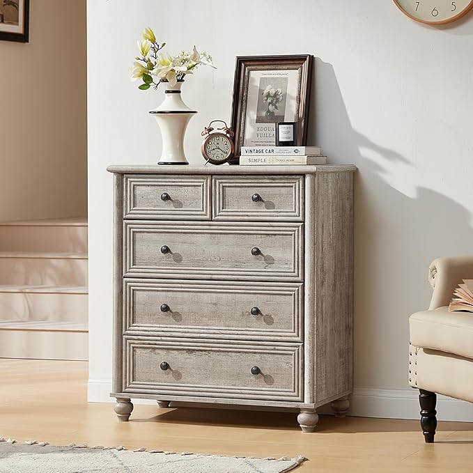 RWYHG Farmhouse 5 Drawer Dresser for Bedroom Set of 2, 35.5" Tall Small Dressers & Chest of Drawers, Rustic Wood Dresser with Roman Column, Storage Organizer for Living Room, Hallway, Closet (Grey)