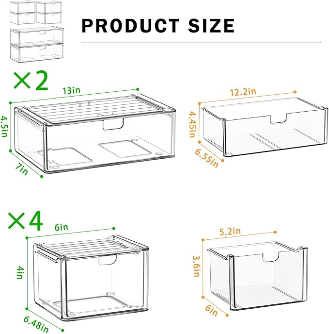 caktraie Acrylic Storage Drawers Set of 6, Clear Makeup Organizer, Plastic Organizer Bins for Beauty Supplies,Ideal for Vanity, Bathroom,Cabinet,Pantry Organization - Image 3