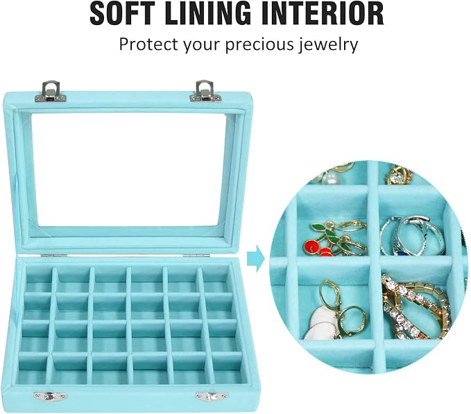 Vicoter Velvet Jewelry Box 24 Grid Jewelry Ring Display Organiser Box Tray Holder Earrings Storage Case for Girls Wife Mom Women (Light Blue) - Image 3
