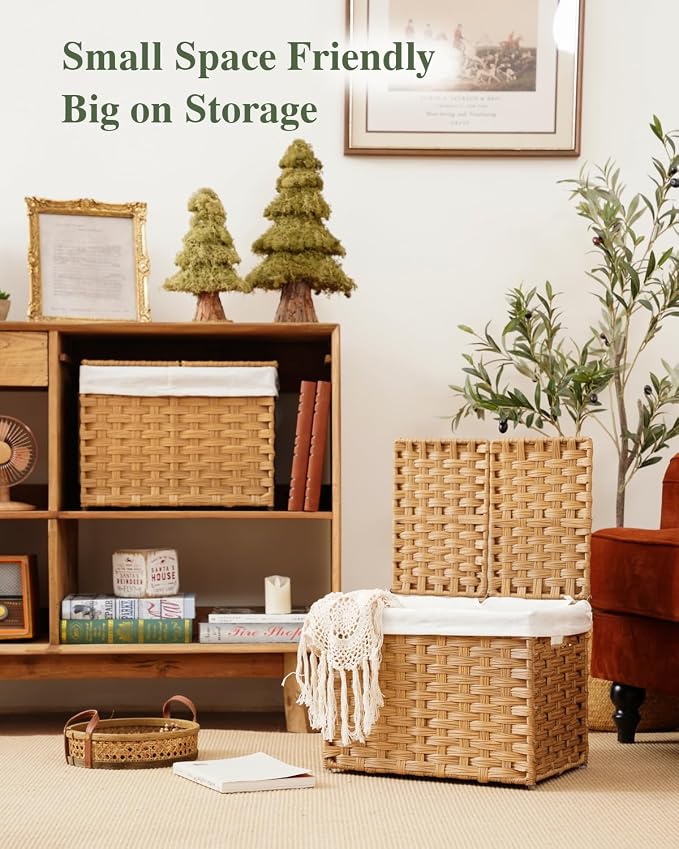 SETVSON Storage Basket with Lid Woven Wicker Baskets with 2 Separate Lid, 9.2 Gallon (35 L) Wicker Storage Bins with Handles, Foldable and 2 Removable Liner Bags for Bedroom, Laundry Room Natural - Image 6