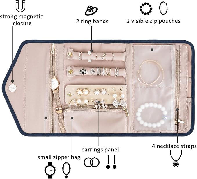 BAGSMART Travel Jewelry Organizer Roll Foldable Jewelry Case for Journey-Rings, Necklaces, Bracelets, Earrings, Smokey Blue - Image 2