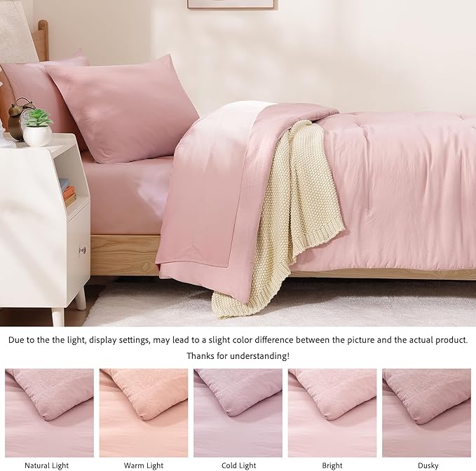 WRENSONGE Twin Comforter Set- 5 Pieces Soft Pink Twin Bed in a Bag, All Season Twin XL Bedding Sets with 1 Fitted Sheet, 1 Flat Sheet, 1 Pillow Sham and 1 Pillowcase