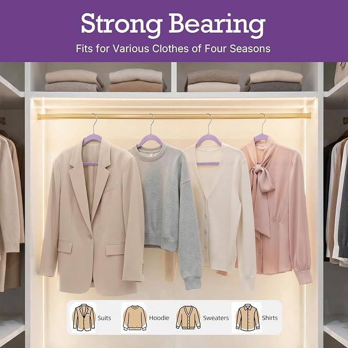 HOUSE DAY Lt-Purple Velvet Hangers 60 Pack, Non Slip Clothes Felt Hanger Heavy Duty for Coat, Premium Slim Space Saving Suit Hangers for Closet Organizer, 360° Rotating Silver Hook - Image 8