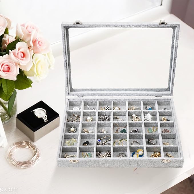 Jewelry Tray 35 Grid Velvet Jewelry Organizer with Clear Lid Transparent Earring Bracelet Organizer Holder Case with Clasp Drawer Insert for Rings Studs Gift for Women Girls - Image 5