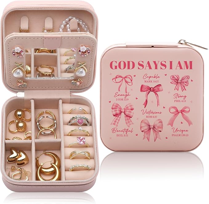 God Says I Am Jewelry Box Inspirational Christian Gifts Religious Faith Based Gift Bible Verse Jewelry Case Pink Coquette Bow Travel Jewellery Organizer by WelcometoCEASQVAA