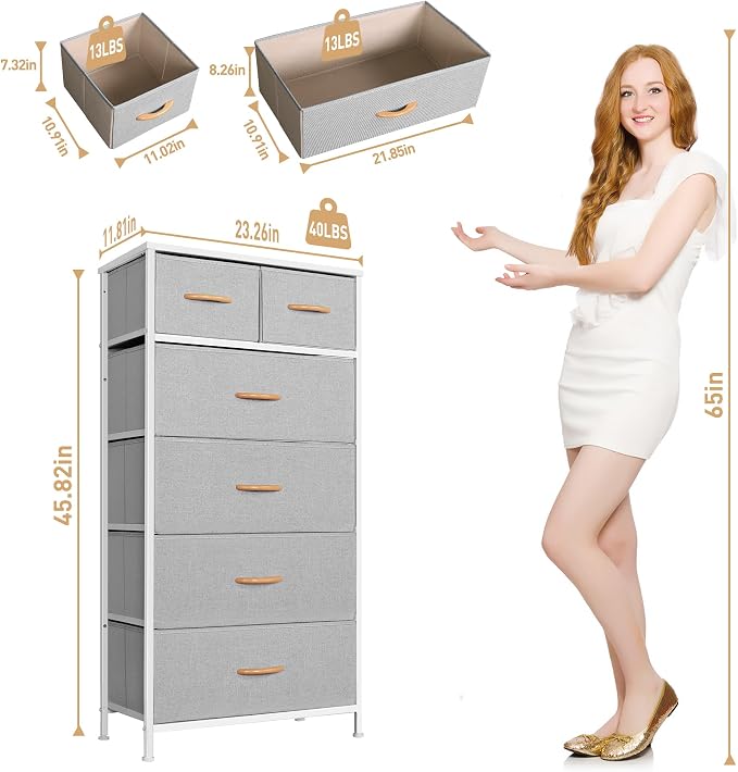Mifuro Tall Dresser for Bedroom, Vertical Storage Organizer Tower with 6 Drawers, Chest of Drawers with Fabric Bins, Steel Frame, Wood Top for Bedroom, Closet, Entryway- Light Grey - Image 3