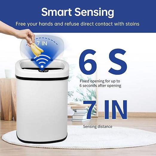 Kitchen Trash Can Office Bathroom Bedroom Waste Bin with Lid Automatic Sensor Touch Free Stainless Steel Garbage Can 13 Gallon / 50L,White - Image 3