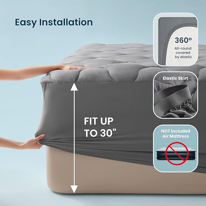 SLEEP ZONE Queen Mattress Pad Quilted Mattress Topper Air Mattress Cover, Breathable and Noiseless Air Mattress Protector, Deep Pocket Fits Up to 25 Inches (Dark Gray)