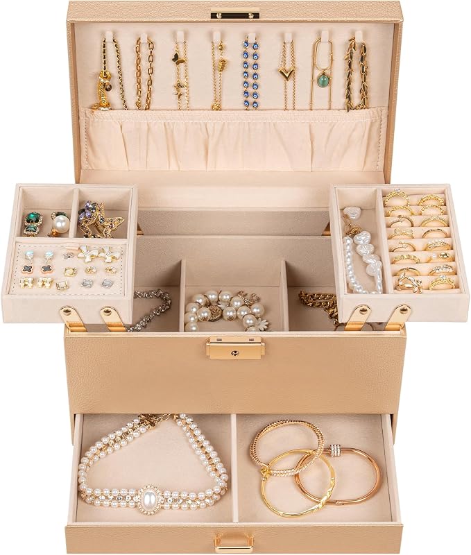 AKOZLIN Travel Jewelry Box Organizer Functional 2-trays Leather Jewelry Storage Case with Lockable Portable Drawer for Women Girls Ring Necklace Earring Bracelet - Image 2