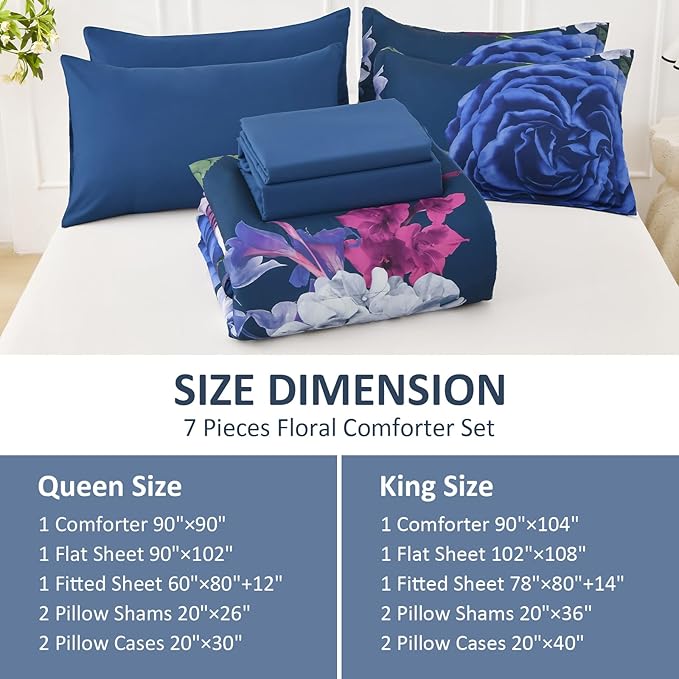 Drucon Blue Floral Comforter Set King, 7 Pieces Bed in a Bag Botanical Floral Comforter Soft Microfiber Dark Blue Bedding Set King Size Bed with Sheet and Pillowcase