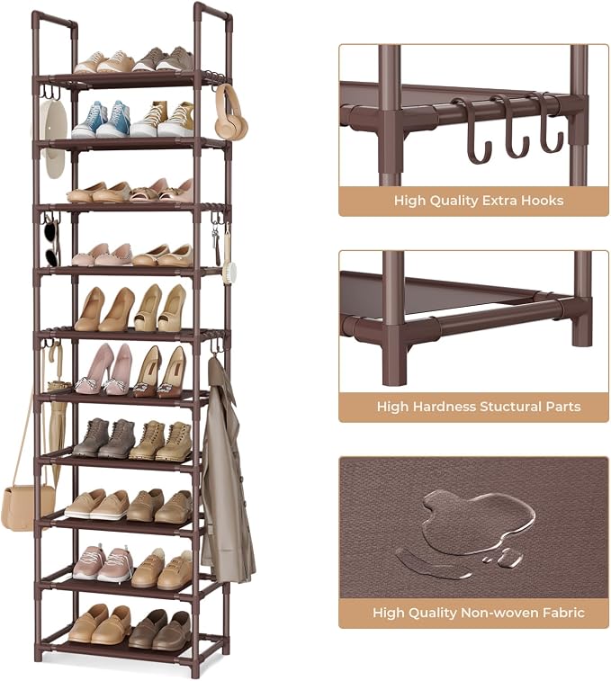 VTRIN 10 Tiers Tall Shoe Rack Holds 20-25 Pairs of Shoes Sturdy Vertical Shoe Organizer with 18pcs Hooks Stackable Narrow Shoe Rack for Closet, Entryway Brown - Image 4