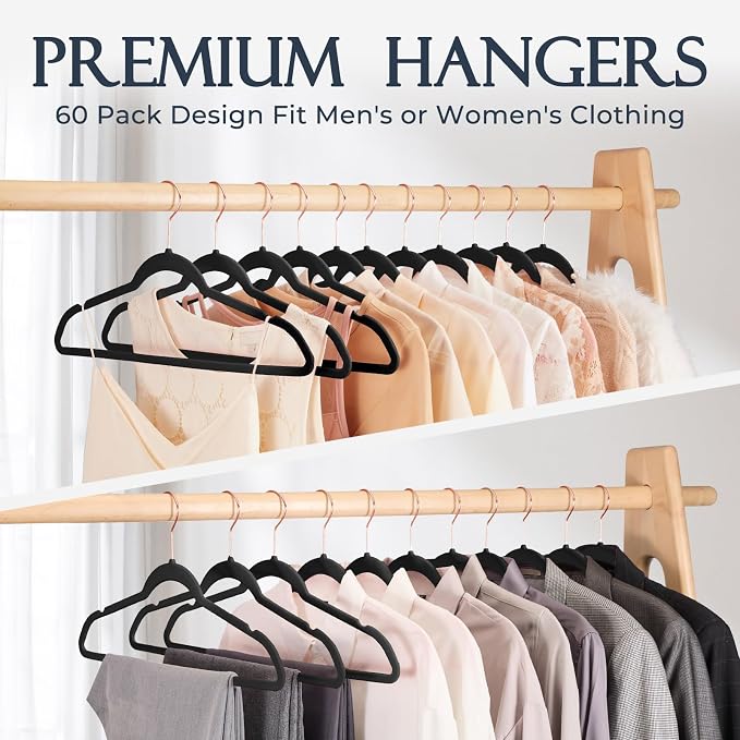 HOUSE DAY Black Velvet Hangers 20 Pack, Premium Non-Slip Felt Clothes, Sturdy Heavy Duty Coat, Durable Hangers for Suits, Space Saving with No Hanger Mark, 360° Swivel Rotating Rose Gold Hook - Image 8