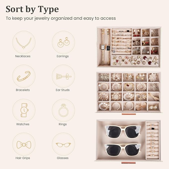 Dajasan Jewelry Box Organizer, 3-Tier Jewelry Storage Organizer with 2 Drawers, Large Jewelry Boxes for Women, PU Leather Surface with Texture, Gift Idea, Modern Style (Beige) - Image 3