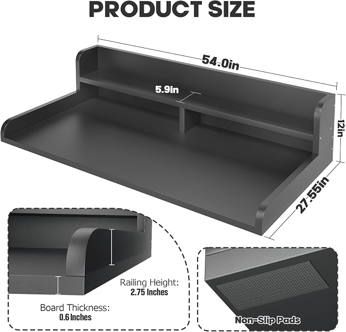 2-Tier Washer Dryer Countertop with 2.75"H Edge Rails, 54" W x 27.55" D Laundry Countertop for Folding Clothes, Washer and Dryer Topper with Non-Slip Pad (Black) - Image 5