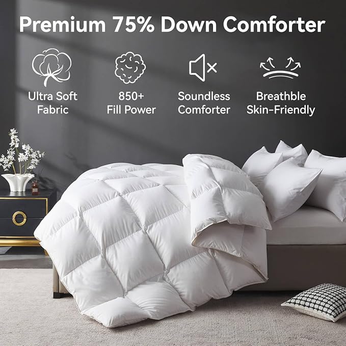 L LOVSOUL Organic 75% Down Fiber Comforter Oversize King Size,850+FP,1200TC,Extra Fluffy,Hotel Style,Luxury Ultra Soft All Season White Duvet Insert with 8 Corner Tabs