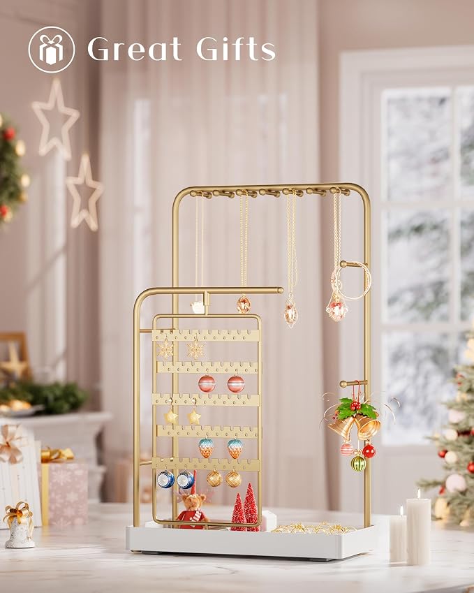 ProCase Jewelry Stand Holder Organizer, Jewelry Display Storage with Ring Tray, Rotating Earring Bracelet Necklace Holder, Valentine's Gifts Room Dorm Decor for Teen Girls -Gold (No-Assembly) - Image 8
