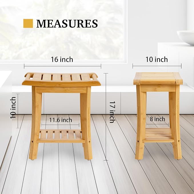 Unibambou Bamboo Shower Bench Inside Shower Stool with Storage Shelf, Spa Bath Chair for Bathroom, Seat or Organizer for Living Room, Bedroom and Garden - Great for All Ages Elderly (Small, Natural) - Image 3