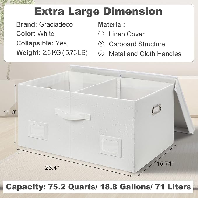 Graciadeco 75 Quarts Extra Large Decorative Storage Bins with Lids, 3 Packs White Collapsible Storage Bins with Lids, Stackable Storage Bins Decorative Box Storage With Lid Extra Large - Image 2