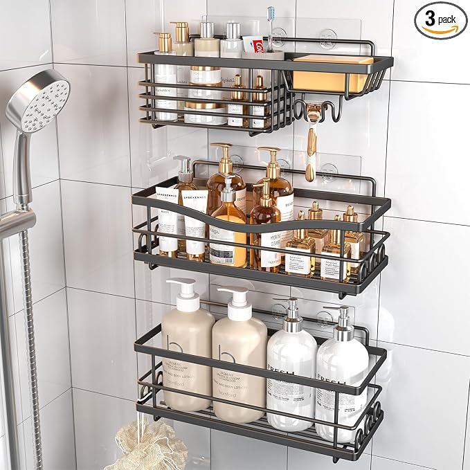 Youvip Shower Caddy, 3 Pack Large Capacity Bathroom Organizers and Storage, No Drilling Adhesive Rustproof Shelves with Soap Holder, Home Decor, Black by YOUVIP