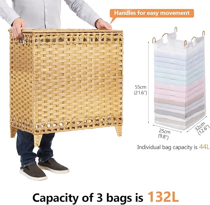 Laundry Hamper with 3 Removable Liner Bags; 132L Handwoven Rattan Laundry Basket with Lid & Heightened Feet; Clothes Hamper with Side Handles; Laundry Sorter with 3 Separate Sections - Image 4