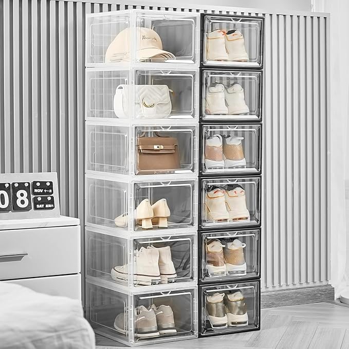 Attelite Upgrade 12pack Shoe Box Storage Containers,Thicken Sturdy Clear Stackable Plastic Shoe Organizer Box with Magnetic Door, Drop Front Shoe Box Sneakers X-Large - Image 5