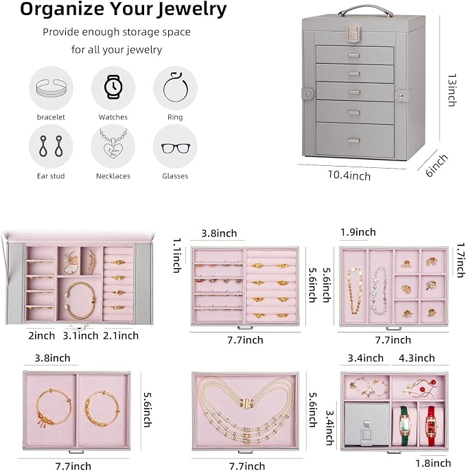 Large Jewelry Box,5-Tier PU Leather Jewelry Organizer with Lock,Multi-functional Storage Case with Mirror,Jewelry Organizer for Bracelets, Earrings, Rings, Necklaces, Mothers Day (GRAY) - Image 4