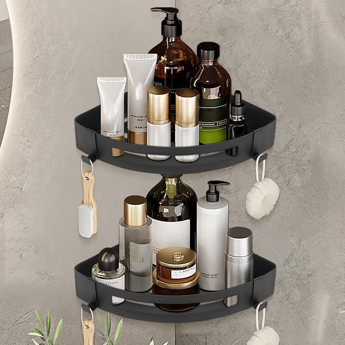 NearMoon Bathroom Corner Shelf Shower Caddy 2 Pack, No Drill 304 Stainless Steel Shower Organizer with 2 Hooks (Matte Black) - Image 7