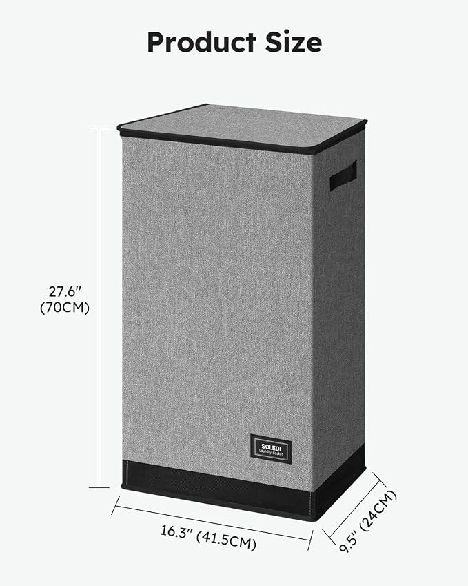 SOLEDI Slim Laundry Hamper with Lid, Narrow Laundry Basket with Removable Bags, Dirty Clothes Hamper with handle, Small Hamper perfect for Laundry room, Bathroom, Bedroom, Small spaces. 70L Grey - Image 6