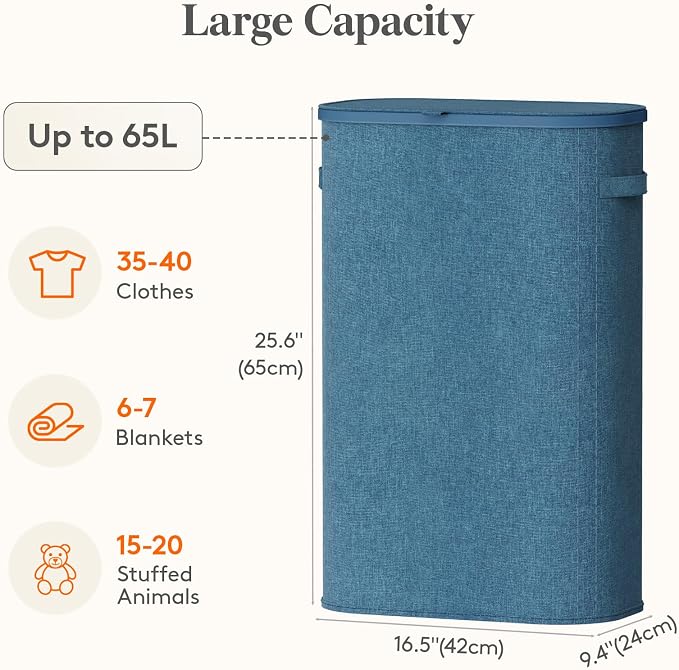 Lifewit Slim Laundry Basket with Lid, Narrow Large Laundry Hamper with Plastic Handles and Removable Bag, Tall Foldable Dirty Clothes Hampers for Laundry Room, Bedroom, Bathroom, Dorm, 65L Dark Blue - Image 3