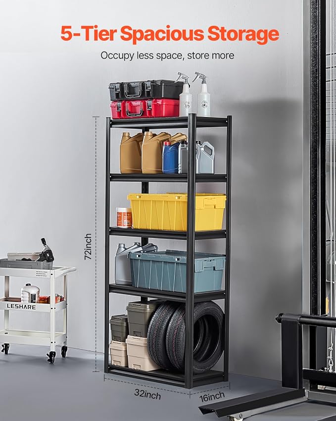 VEVOR Storage Shelves, 2000 lbs, 5 Tier Garage Storage Shelving, 16" D x 32" W x 72" H Adjustable Metal Shelves for Garage Shelves Utility Rack Shelf, Ideal for Kitchen, Warehouse, Basement, Black - Image 3