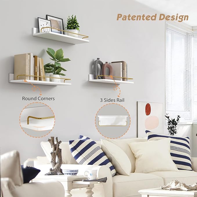 Forbena Gold Floating Shelves for Wall Decor Set of 3, Bathroom Shelves Over Toilet, Modern Display Wall Shelf with Guard Rail for Living Room Bedroom Organizers and Storage - White and Gold - Image 4