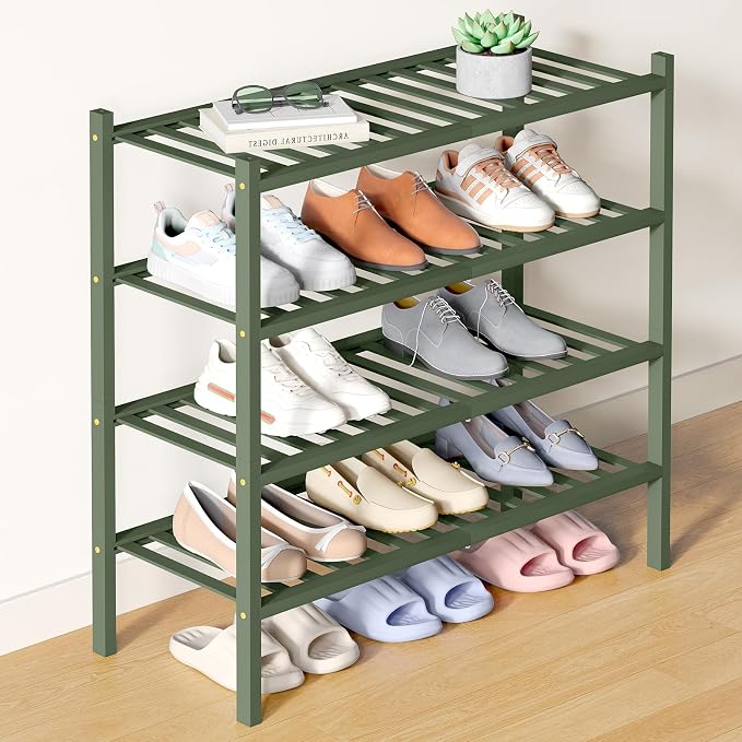Smiry Bamboo Shoe Rack for Closet, 4 Tier Wooden Stackable Shoe Organizer, Free Standing Shoes Storage Shelf for Entryway, Front Door Entrance, Green by Smiry
