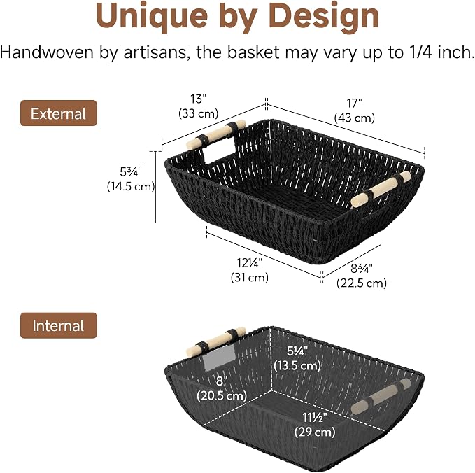 StorageWorks Large Wicker Storage Basket for Organizing, Toilet Paper Baskets for Shelf, Paper Rope Storage Baskets with Wooden Handles, Black, 2-Pack - Image 2