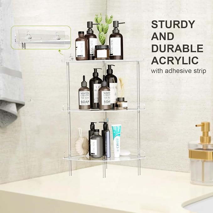 Bakzon Corner Shower Caddy, 3 Tier Acrylic Shower Organizer Corner for Inside Shower, Rustproof Floor Standing Shower Shelves for Bathroom, Clear - Image 5