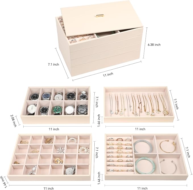 Voova Stackable Jewelry Organizer Tray with Lid, PU Leather Jewelry Storage Holder for Drawer Inserts, Jewellery Display Box Case for Earring Necklace Ring Watch Bracelet (Set of 4, Apricot) - Image 5