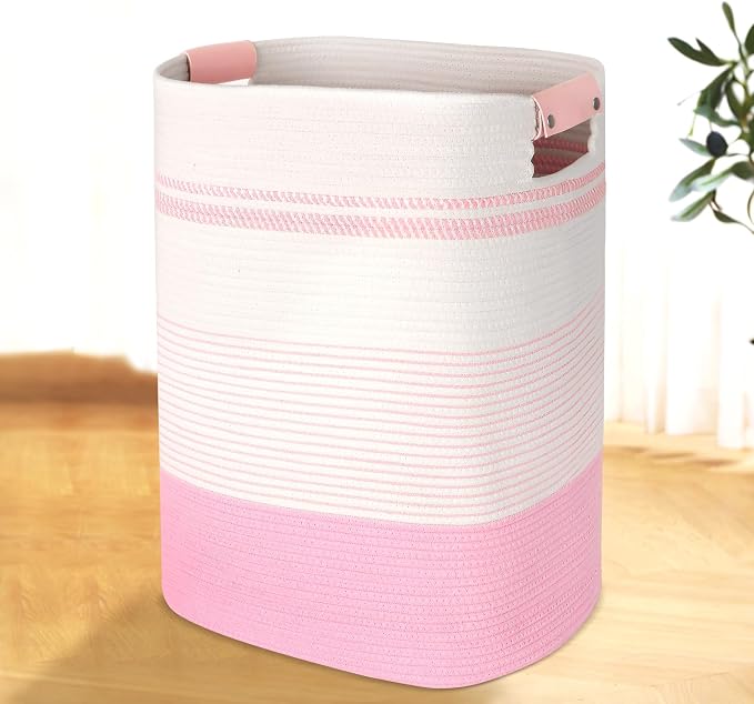 AINUOQI Laundry Basket with Handles - Blanket Basket & Hampers for Bedroom Aesthetic, Laundry Hamper & Blanket Storage for Living Room, Clothes Hamper, Tall, Large 17" x 14" x 22”, Pink & White by AINUOQI