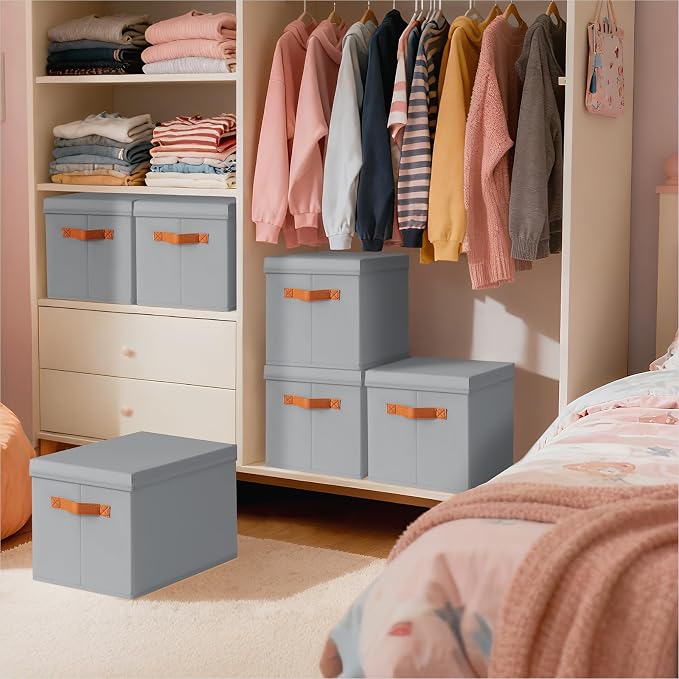 Homsorout Storage Bins with Lids - Large Fabric Closet Bins with Lid, 5 Pack Clothes Organizers and Storage, Collapsible Stackable Cube Basket for Home, Office, Dorm, Grey - Image 5